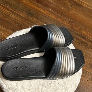 CROCS Black and Metallic Slide Sandals